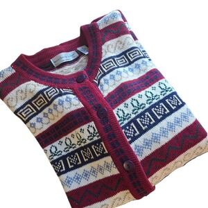 Northern Isles‎ Women's Fair Isle KnitL Cardigan Sweater Burgundy Cream Blue XL